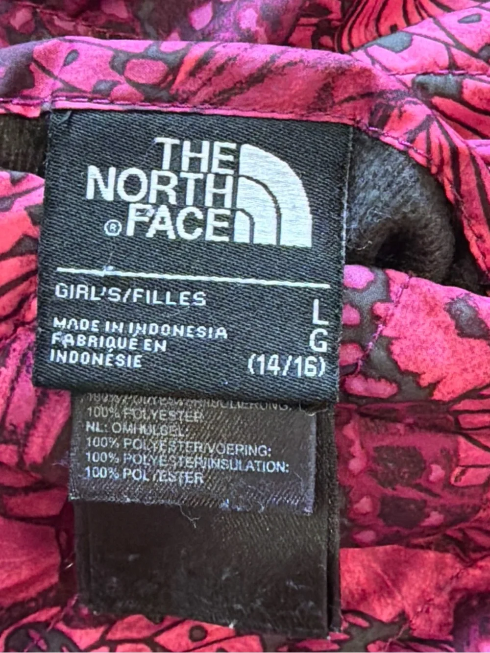 The North Face Reversible Mossbud Jacket Girls L 14 Pink Butterfly Full Zip